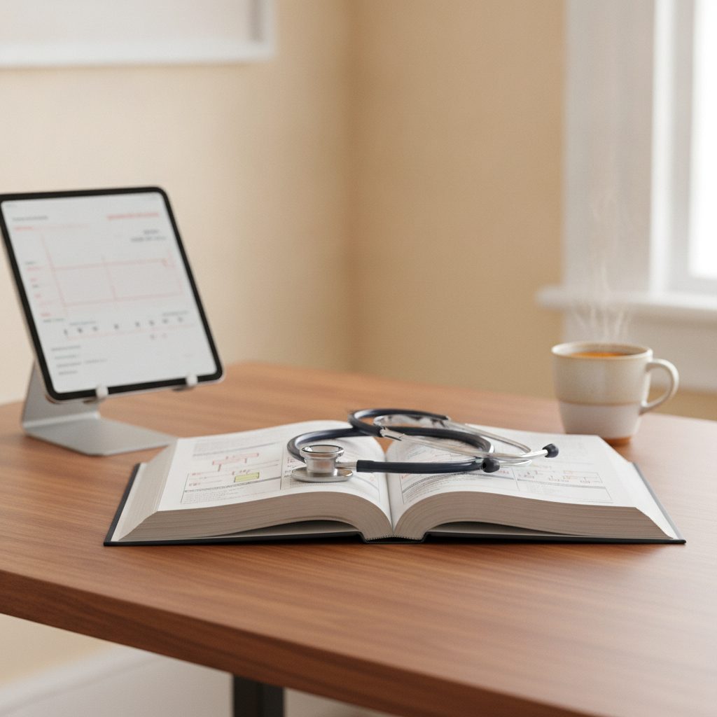 A clean clinician desk with a stethoscope and an open coding manual